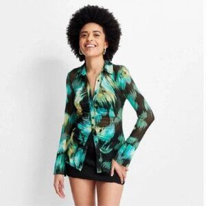 Future Collective  Long Sleeve Collared Mesh Button-Up Shirt